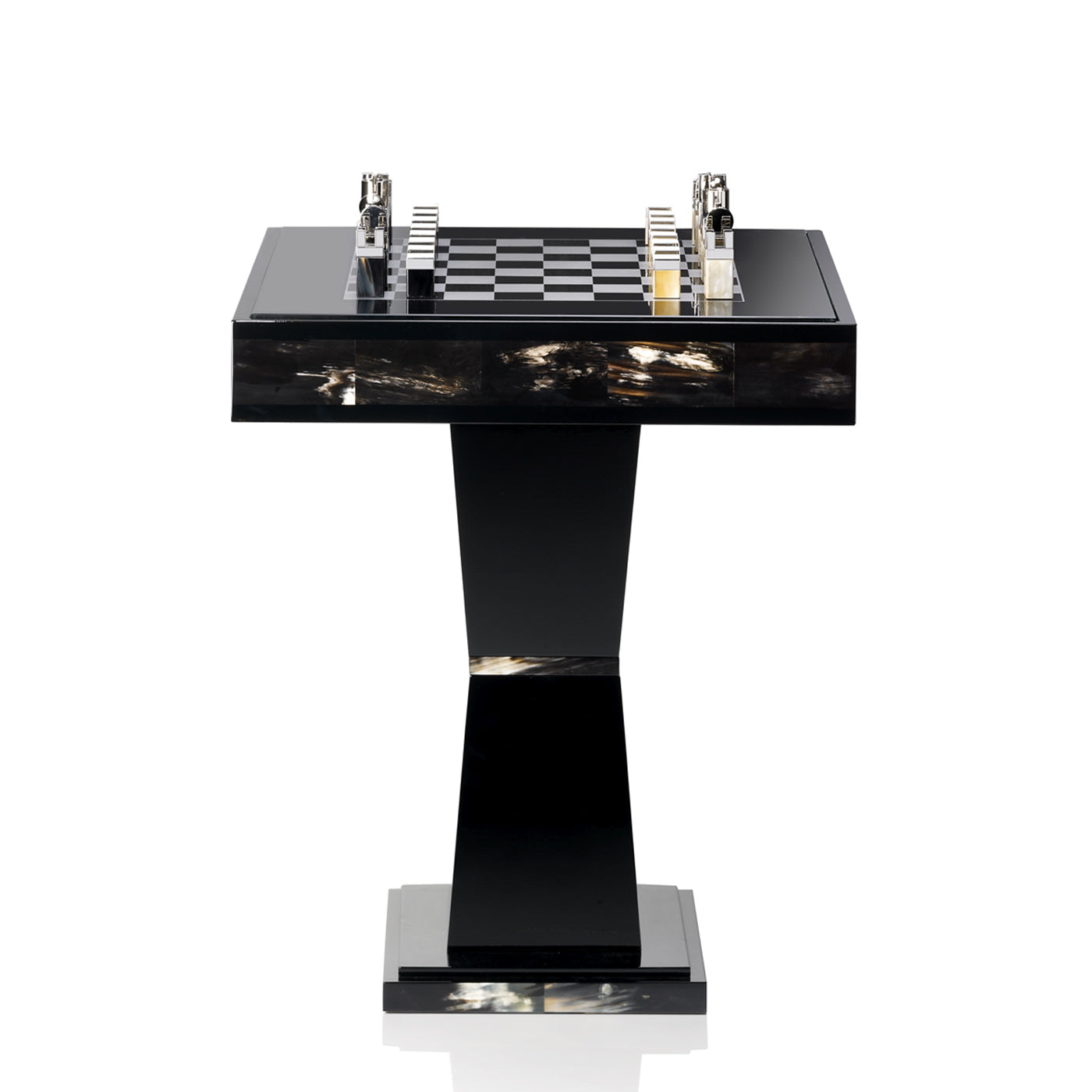 Alfio Chess Table by Arcahorn | Chessboard table in dark horn and wood | Lacquered black gloss finish | Top in tempered smoked glass with silkscreened silver chessboard | Chessmen crafted from horn and palladium plated brass | Furniture and Chess Tables | 2Jour Concierge, your luxury lifestyle shop