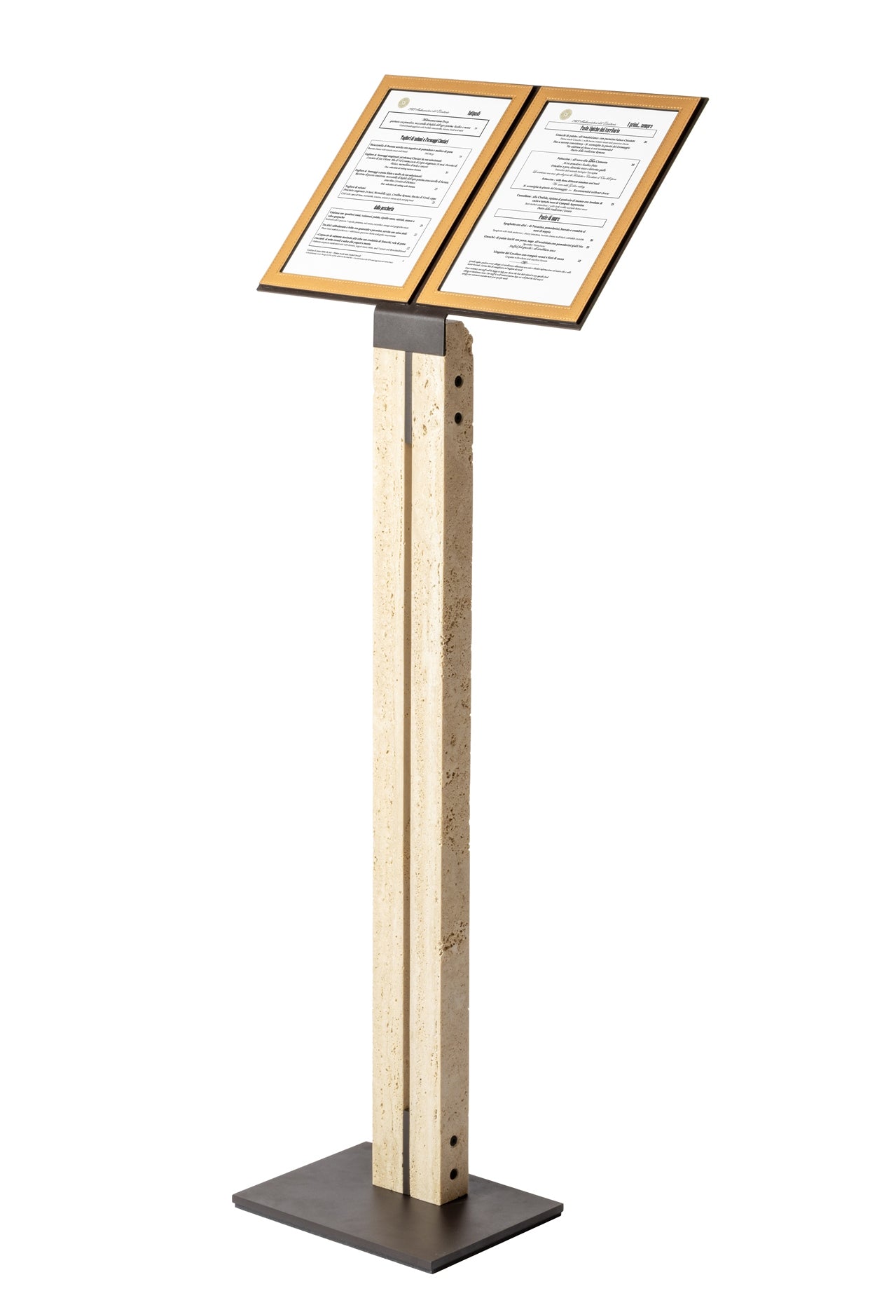 Pillar Metal & Marble Picture | Menu Frame Stand w Leather Inserts