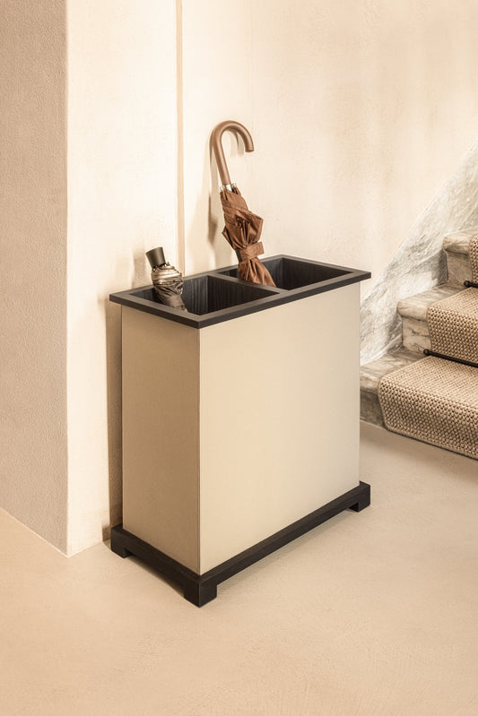 Manzoni Leather-Covered Oak Wood Double Umbrella Stand