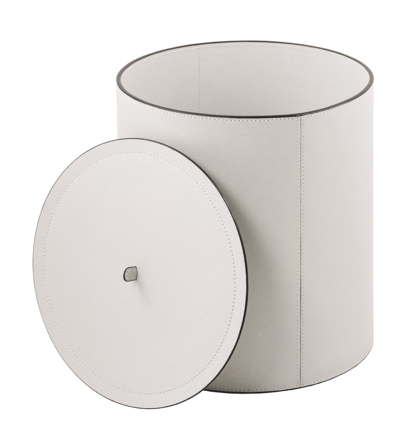 Giobagnara | Harris All-Leather Round Bin with Lid: Round all-leather bin with fitted lid and leather knob | Storage / Office | 2Jour Concierge, your luxury lifestyle shop | luxury leather bin, all leather wastepaper bin, Giobagnara Harris, round leather bin with lid, Italian luxury office accessories, designer leather bin, leather storage bin, luxury office bin