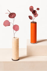 Positano Leather-covered and Walnut Wood Vase with Removable Clear Glass Container