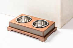 Oscar Dog Bowl With Wood Structure, Leather Inserts & Stainless Steel Bowls