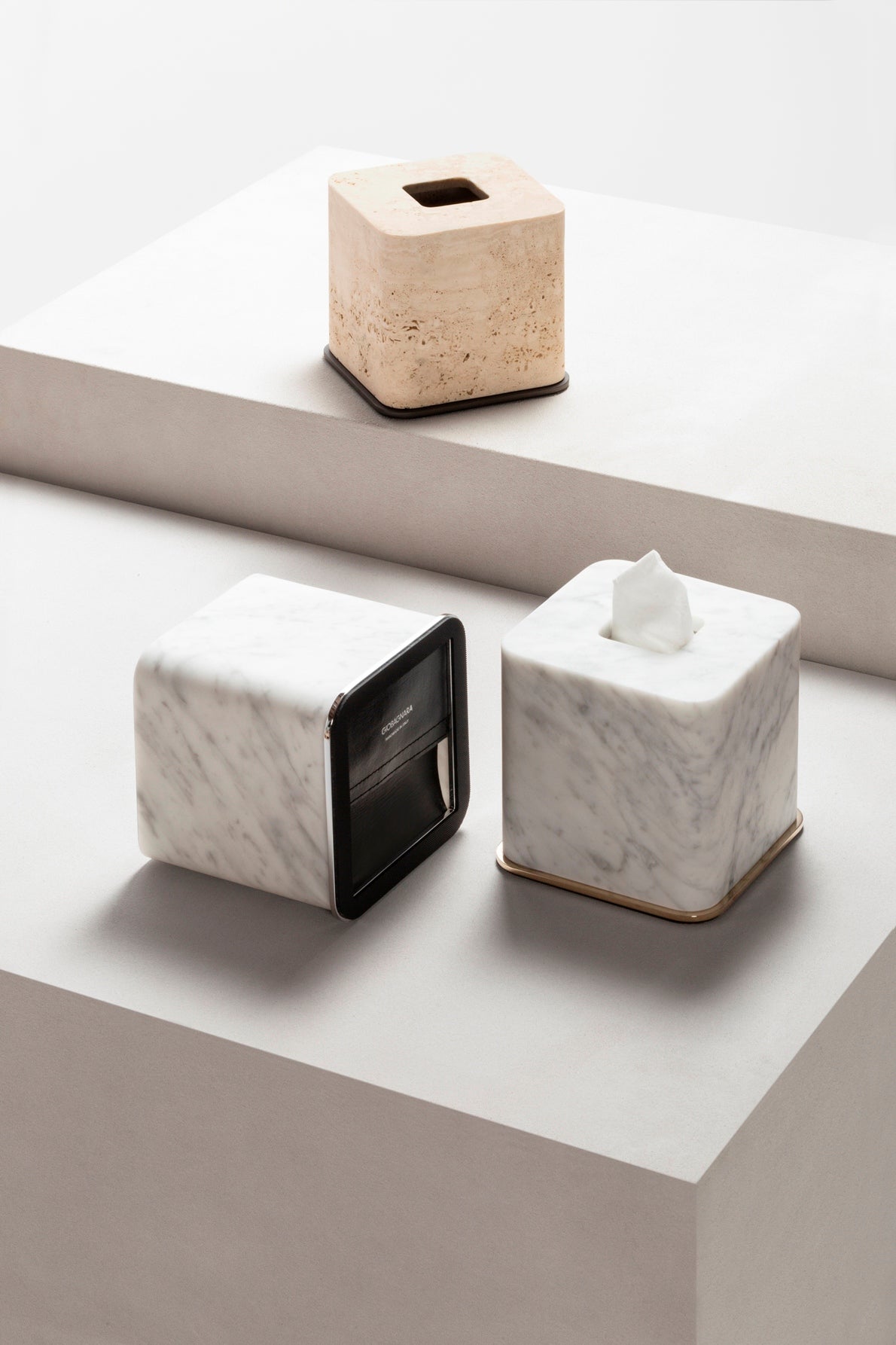 Giobagnara Polo Marble Tissue Holder | Marble Structure with Brass Base Frame | Non-Slip Waterproof Rubber Base | Part of Polo Marble Bathroom Set | Iconic Silhouette with Rounded Corners | Unique and Exclusive Design | Explore the Polo Marble Bathroom Collection at 2Jour Concierge, #1 luxury high-end gift & lifestyle shop