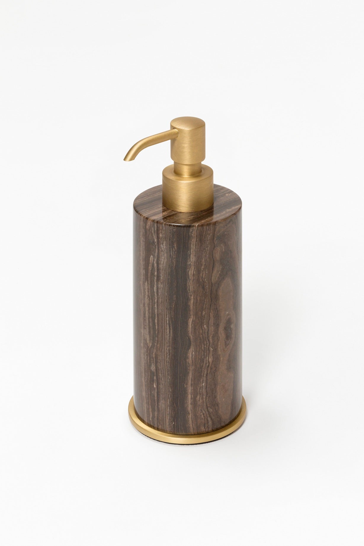 Giobagnara Positano Marble Soap Dispenser | Marble structure with brass base frame | Non-slip waterproof rubber base underneath | Part of Positano Marble Bathroom Set | Unique Stone Patterns | Explore the Positano Collection at 2Jour Concierge, #1 luxury high-end gift & lifestyle shop
