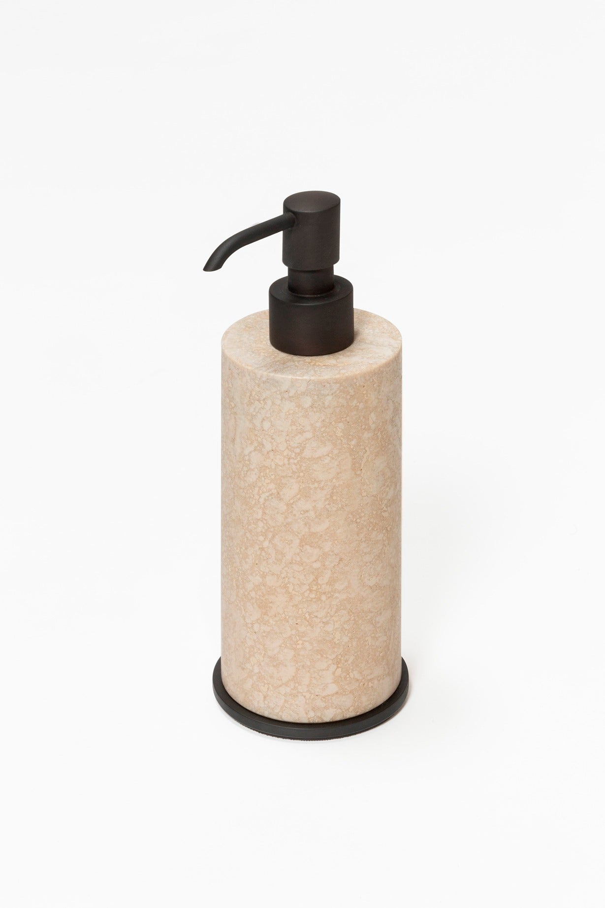 Giobagnara Positano Marble Soap Dispenser | Marble structure with brass base frame | Non-slip waterproof rubber base underneath | Part of Positano Marble Bathroom Set | Unique Stone Patterns | Explore the Positano Collection at 2Jour Concierge, #1 luxury high-end gift & lifestyle shop