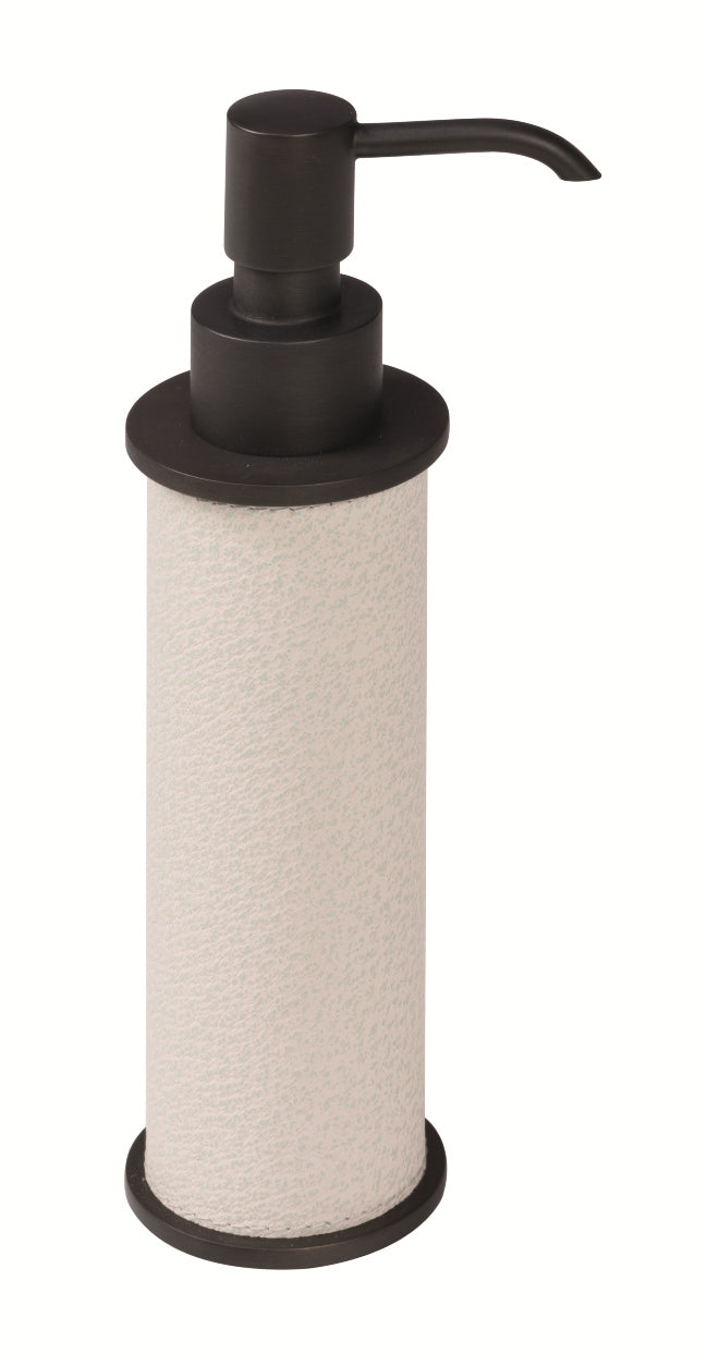Giobagnara Positano soap dispenser | Elegant leather-covered dispenser available in small or large size | Solid brass structure with matching base and knob | Finished with a non-slip waterproof rubber base | Available in chrome, bronze, or brass finishes | Bathroom accessories | 2Jour Concierge, your luxury lifestyle shop