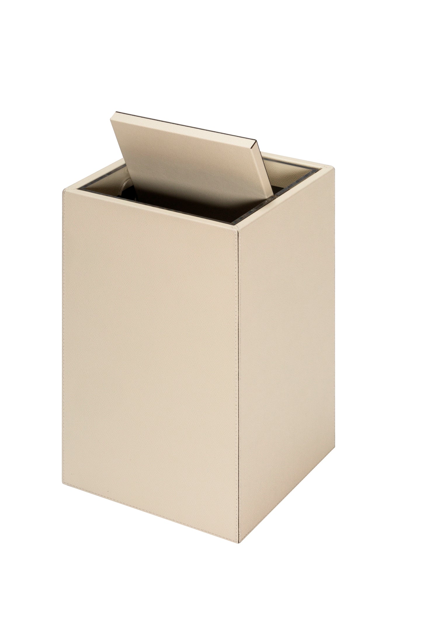 Giobagnara Groove Wastepaper Bin | Leather-covered wood structure | Non-slip waterproof rubber base underneath | Removable tilting lid and plexiglass inner structure for easy cleaning | Discover Luxury Lifestyle Accessories at 2Jour Concierge, #1 luxury high-end gift & lifestyle shop