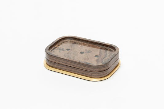 Giobagnara Polo Marble Rectangular Soap Bowl | Marble Structure with Brass Base Frame | Non-Slip Waterproof Rubber Base | Part of Polo Marble Bathroom Set | Iconic Silhouette with Rounded Corners | Unique and Exclusive Design | Explore the Polo Marble Bathroom Collection at 2Jour Concierge, #1 luxury high-end gift & lifestyle shop
