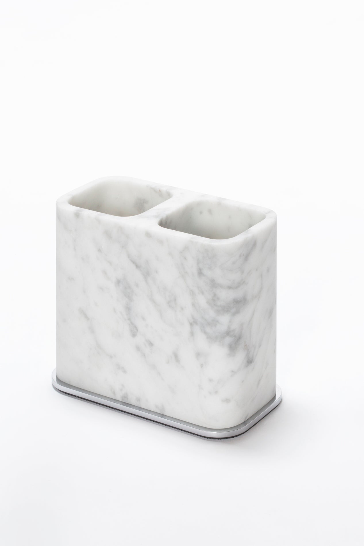 Giobagnara Polo Marble Double Toothbrush Holder | Marble Structure with Brass Base Frame | Non-Slip Waterproof Rubber Base | Part of Polo Marble Bathroom Set | Iconic Silhouette with Rounded Corners | Unique and Exclusive Design | Explore the Polo Marble Bathroom Collection at 2Jour Concierge, #1 luxury high-end gift & lifestyle shop