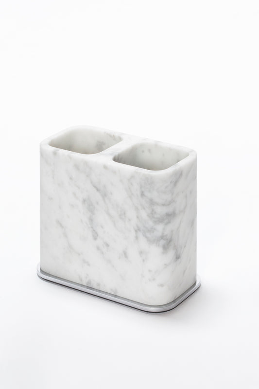 Giobagnara Polo Marble Double Toothbrush Holder | Marble Structure with Brass Base Frame | Non-Slip Waterproof Rubber Base | Part of Polo Marble Bathroom Set | Iconic Silhouette with Rounded Corners | Unique and Exclusive Design | Explore the Polo Marble Bathroom Collection at 2Jour Concierge, #1 luxury high-end gift & lifestyle shop