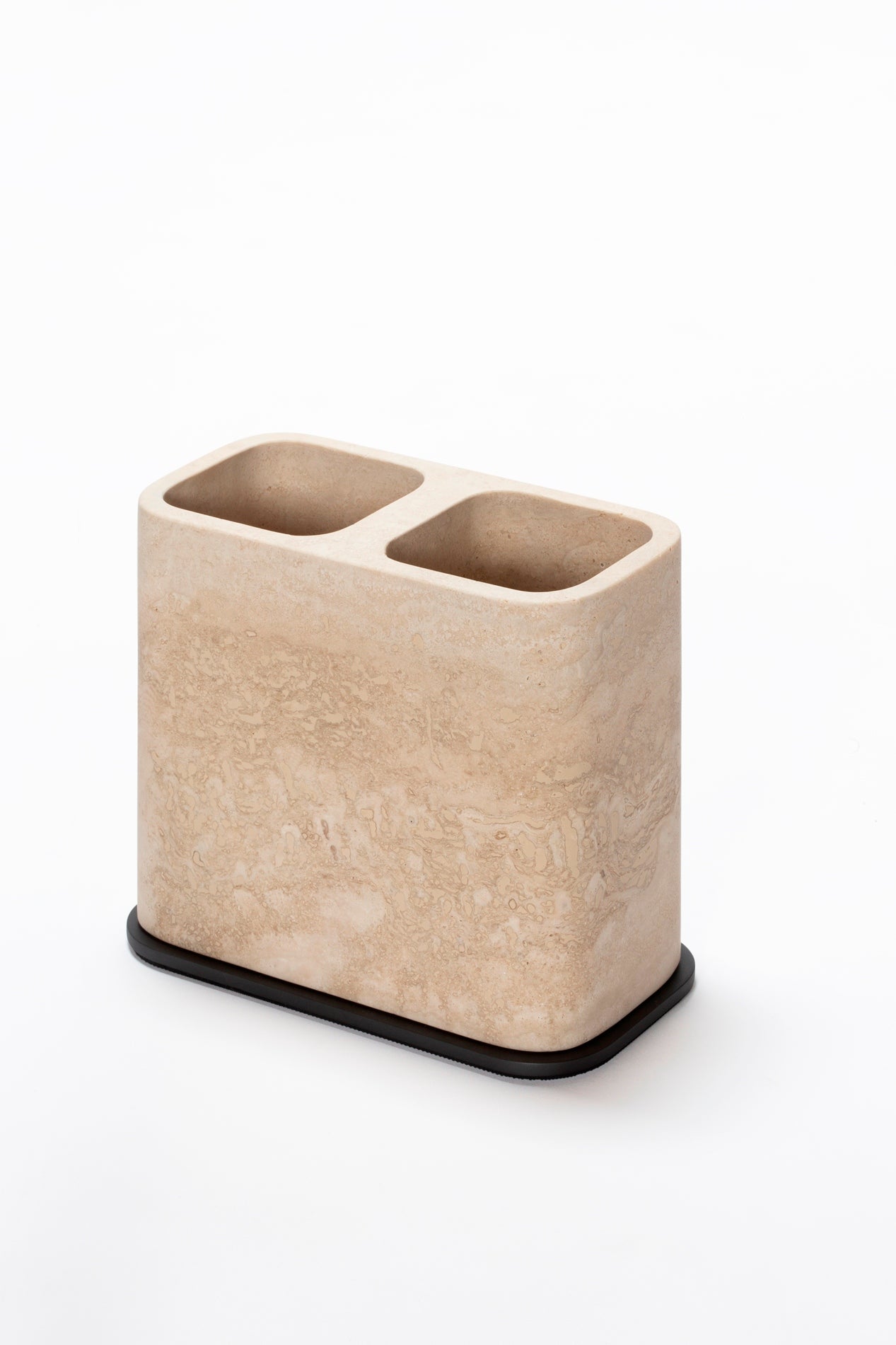 Giobagnara Polo Marble Double Toothbrush Holder | Marble Structure with Brass Base Frame | Non-Slip Waterproof Rubber Base | Part of Polo Marble Bathroom Set | Iconic Silhouette with Rounded Corners | Unique and Exclusive Design | Explore the Polo Marble Bathroom Collection at 2Jour Concierge, #1 luxury high-end gift & lifestyle shop