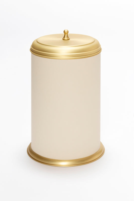 Giobagnara Dubai Leather-Covered Metal Bin With Lid | Part of Dubai Bathroom Collection | Luxurious Bath Accessories | Crafted with Fine Leather-Covered Metal Structure | Elegant and Functional Design | Explore the Dubai Bathroom Collection at 2Jour Concierge, #1 luxury high-end gift & lifestyle shop
