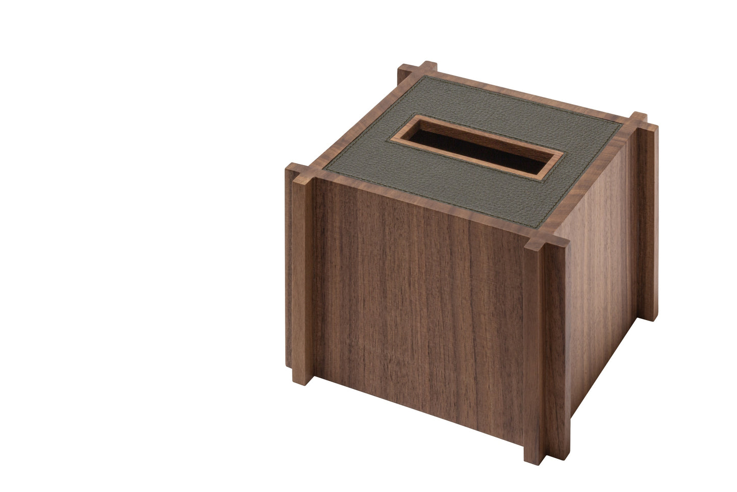 Giobagnara Structura Leather & Wood Tissue Holder | Minimalist Design with "L" Shaped Corners | Crafted from Walnut Wood and Fine Italian Leather | Leather Flaps Underneath with Velcro | Ideal for Yacht Decor