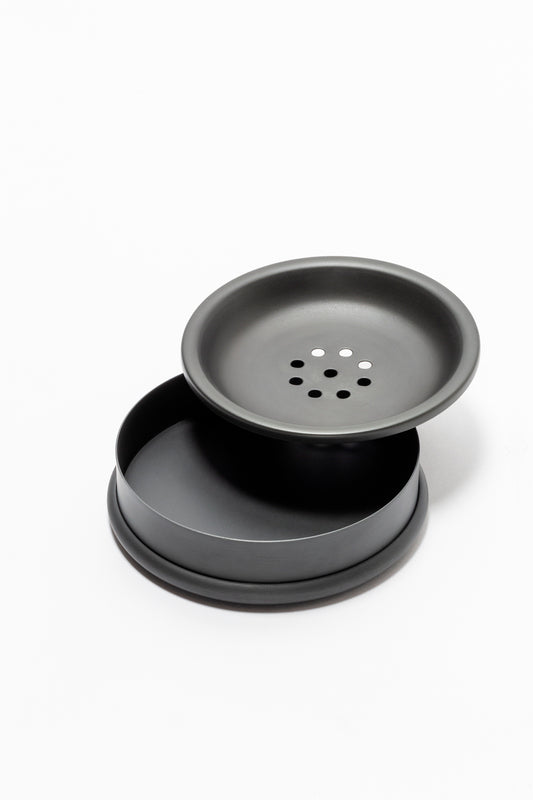 Giobagnara Ravello soap bowl | Part of the minimal Ravello bathroom collection | Crafted with partially leather-covered metal and smooth rounded edges | Features a non-slip waterproof rubber base | Available in chrome, bronze, or brass finishes | Bathroom accessories | 2Jour Concierge, your luxury lifestyle shop