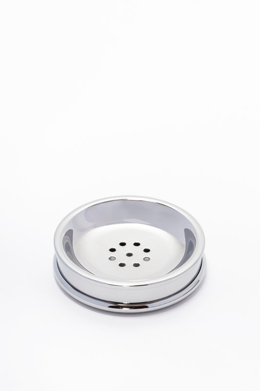 Giobagnara Ravello soap bowl | Part of the minimal Ravello bathroom collection | Crafted with partially leather-covered metal and smooth rounded edges | Features a non-slip waterproof rubber base | Available in chrome, bronze, or brass finishes | Bathroom accessories | 2Jour Concierge, your luxury lifestyle shop