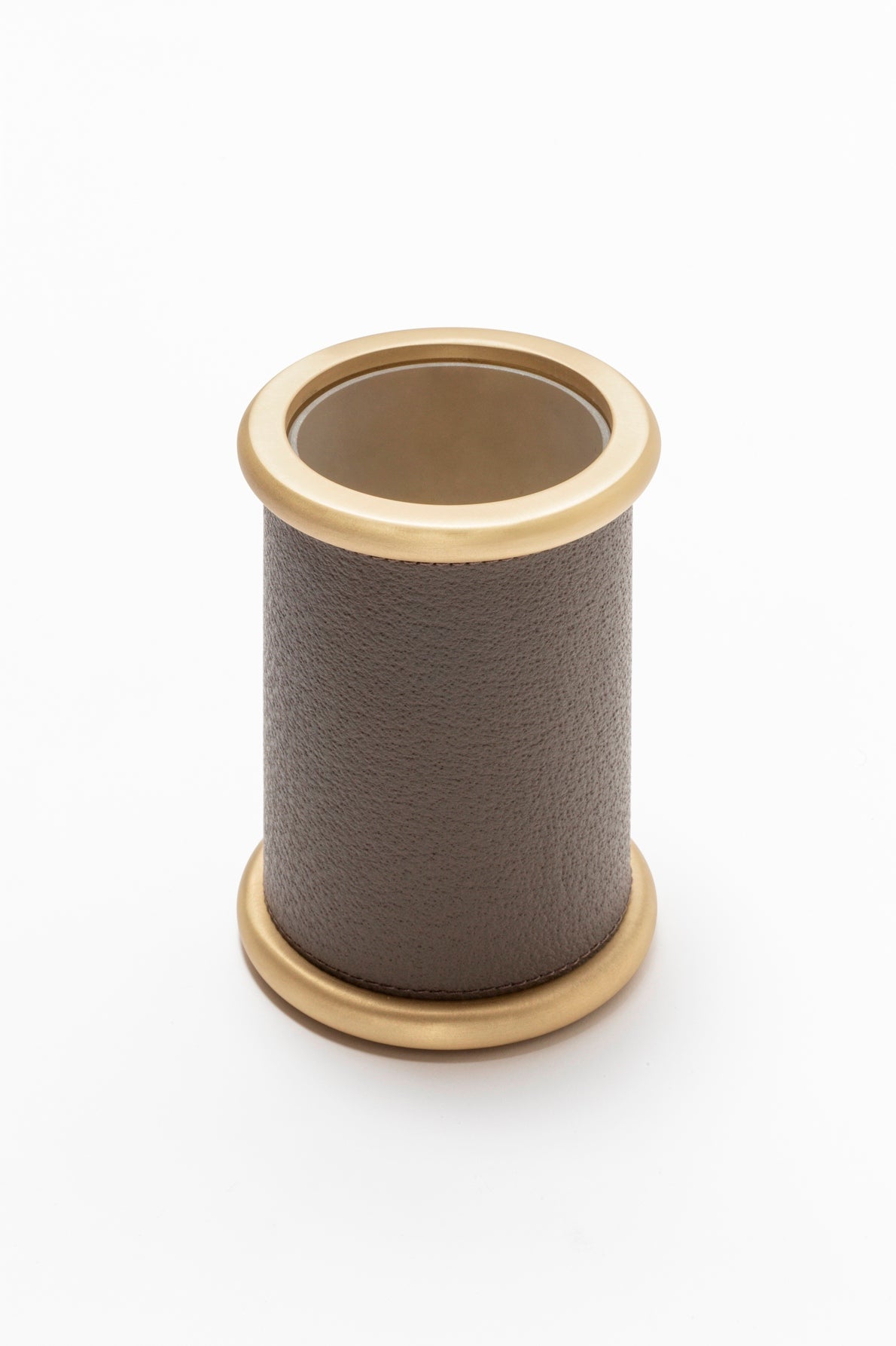 Giobagnara Ravello toothbrush holder | Part of the Ravello bathroom collection | Leather-covered metal structure with soft contours and refined detailing | Features a non-slip waterproof rubber base | Available in chrome, bronze, or brass finishes | Bathroom accessories | 2Jour Concierge, your luxury lifestyle shop