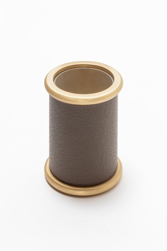 Giobagnara Ravello toothbrush holder | Part of the Ravello bathroom collection | Leather-covered metal structure with soft contours and refined detailing | Features a non-slip waterproof rubber base | Available in chrome, bronze, or brass finishes | Bathroom accessories | 2Jour Concierge, your luxury lifestyle shop