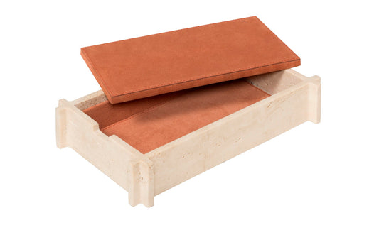 Giobagnara Structura Leather & Marble Rectangular Box | Minimalist design with distinctive "L" shaped corners | Crafted with travertine marble and the finest Italian leather for a perfectly balanced aesthetic | Home Decor and Storage | 2Jour Concierge, your luxury lifestyle shop
