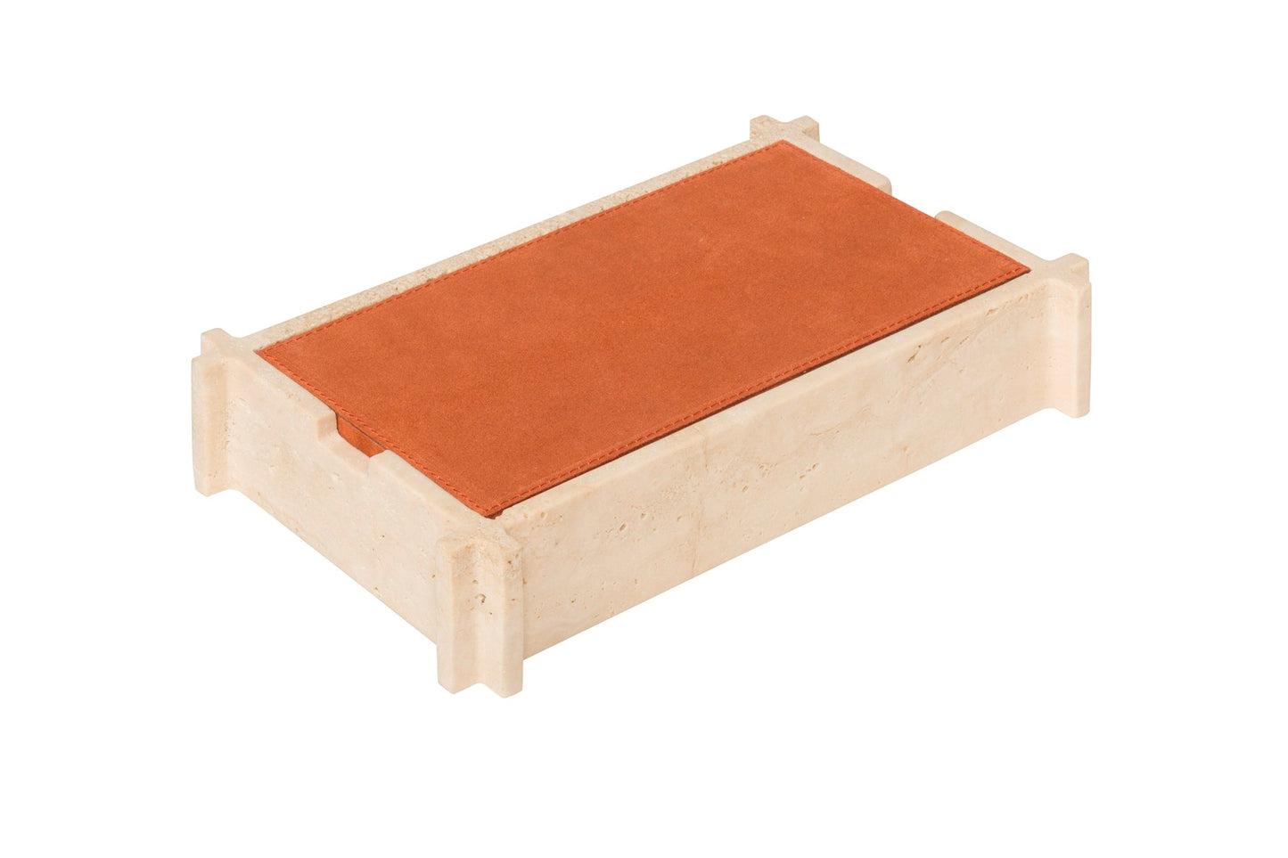 Giobagnara Structura Leather & Marble Rectangular Box | Minimalist design with distinctive "L" shaped corners | Crafted with travertine marble and the finest Italian leather for a perfectly balanced aesthetic | Home Decor and Storage | 2Jour Concierge, your luxury lifestyle shop