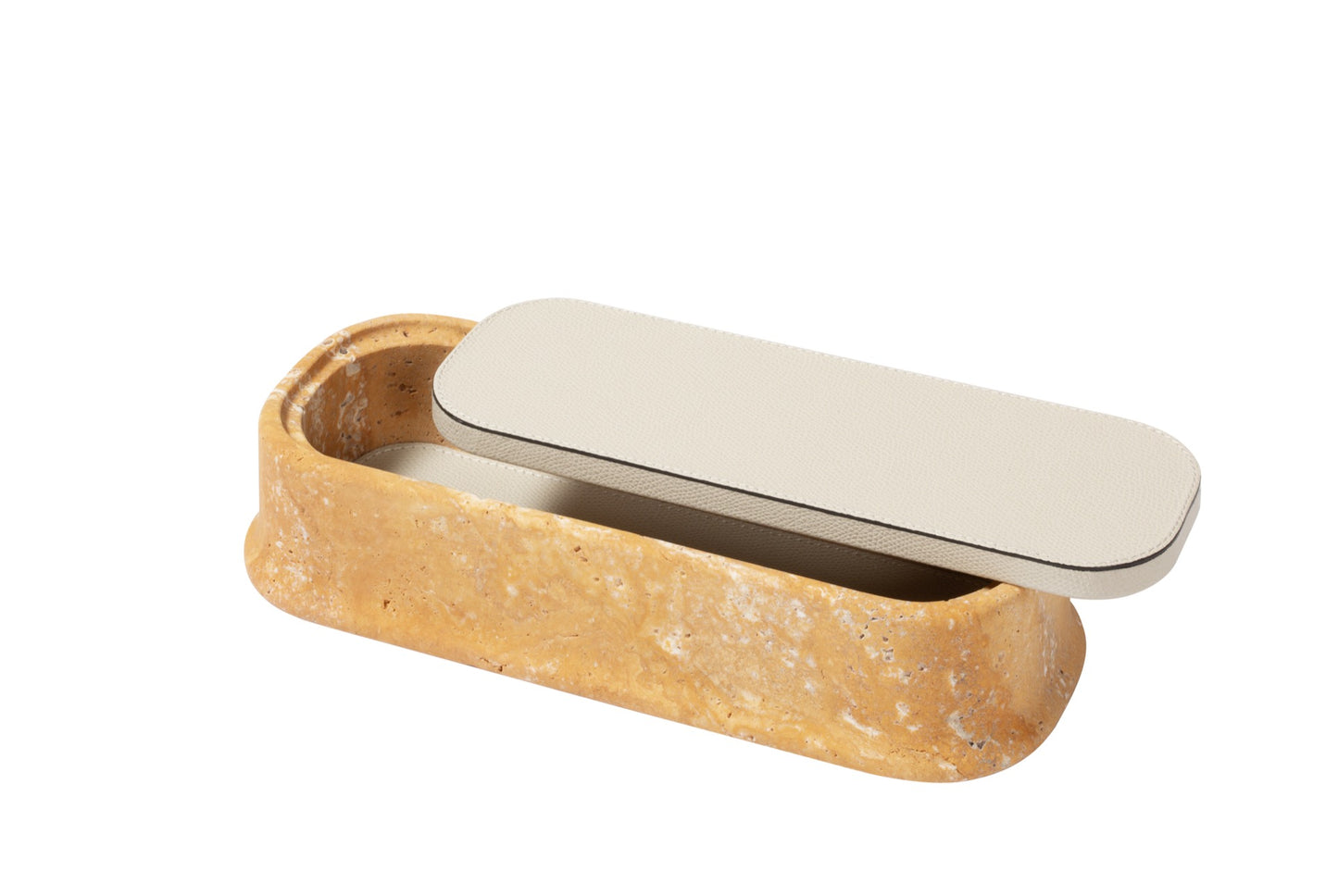 Giobagnara | Rodi Marble Box: Travertine marble with removable leather lid, available in various shapes and sizes | Decor / Trinket Boxes | 2Jour Concierge, your luxury lifestyle shop | Italian marble, natural texture, handcrafted detail, sculptural design