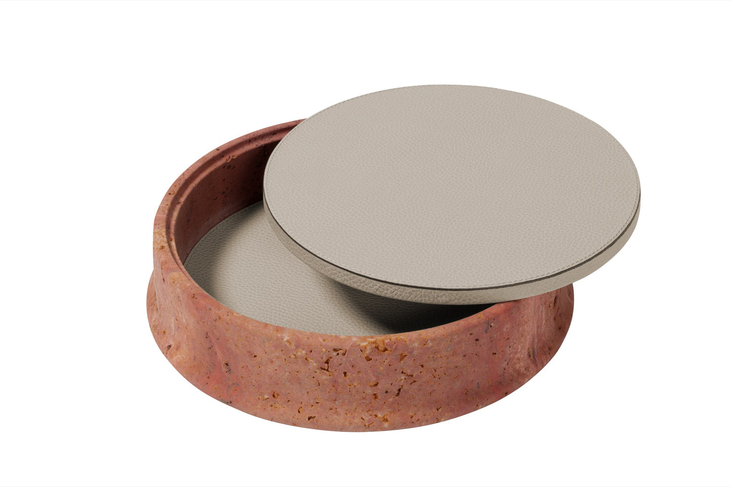 Giobagnara | Rodi Marble Box: Travertine marble with removable leather lid, available in various shapes and sizes | Decor / Trinket Boxes | 2Jour Concierge, your luxury lifestyle shop | Italian marble, natural texture, handcrafted detail, sculptural design