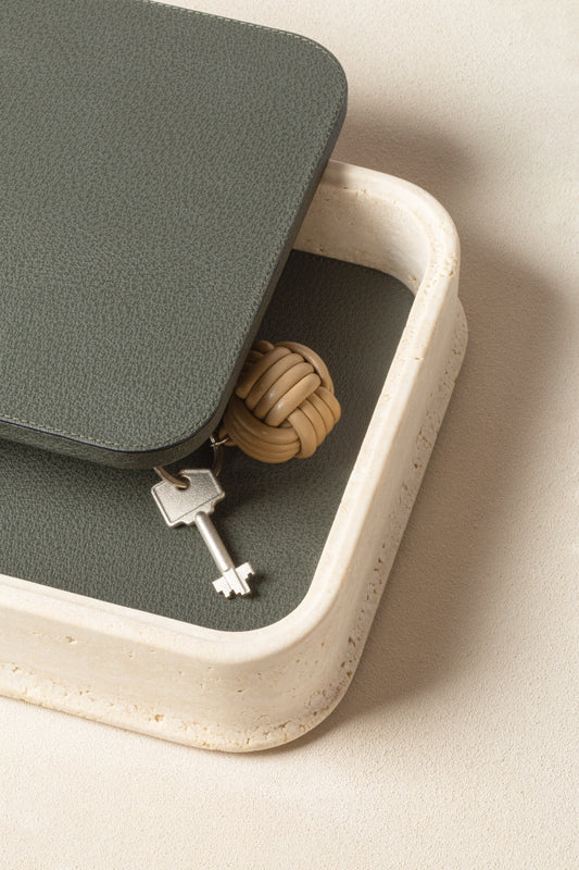 Giobagnara | Rodi Marble Box: Travertine marble with removable leather lid, available in various shapes and sizes | Decor / Trinket Boxes | 2Jour Concierge, your luxury lifestyle shop | Italian marble, natural texture, handcrafted detail, sculptural design