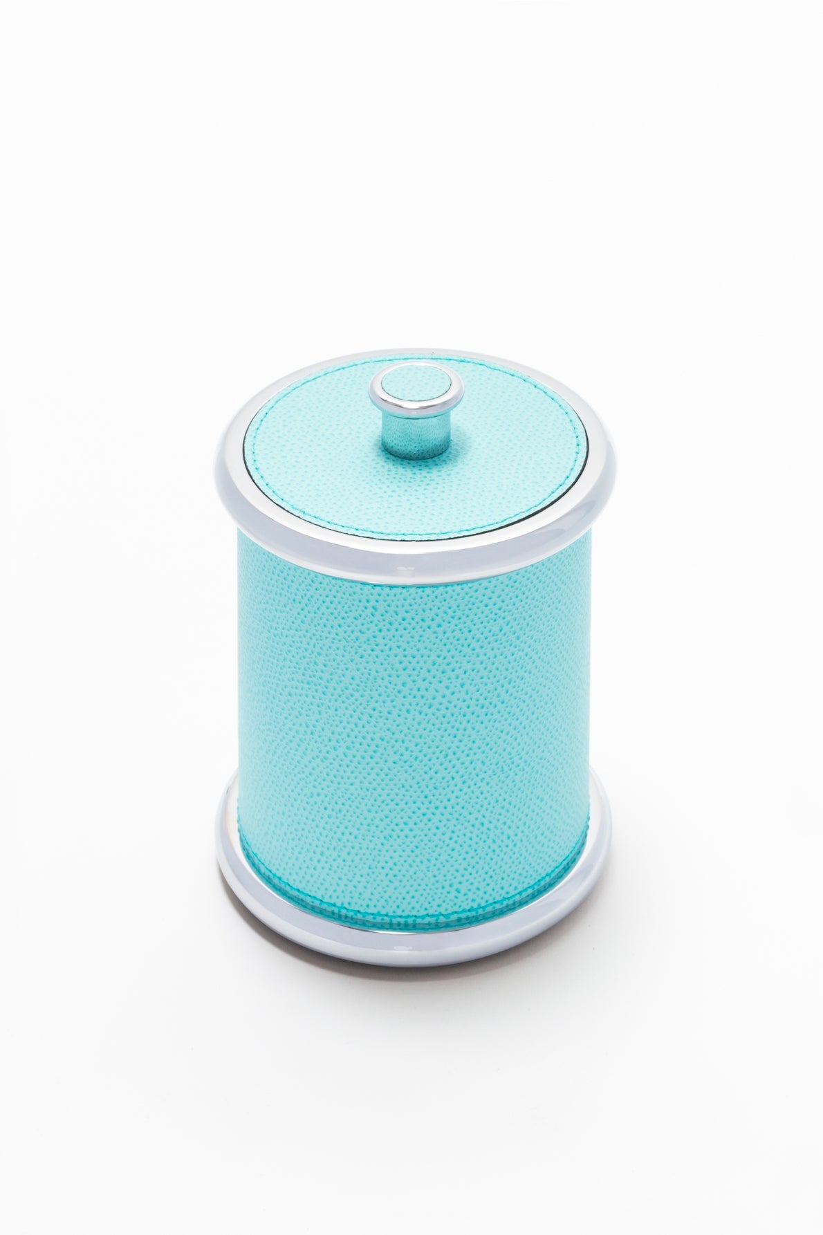 Giobagnara Ravello storage boxes | Part of the Ravello bathroom collection | Cylindrical metal boxes with lid, partially covered in fine Italian leather | Available in small and large sizes | Non-slip waterproof rubber base | Finished in chrome, bronze, or brass | Bathroom accessories | 2Jour Concierge, your luxury lifestyle shop