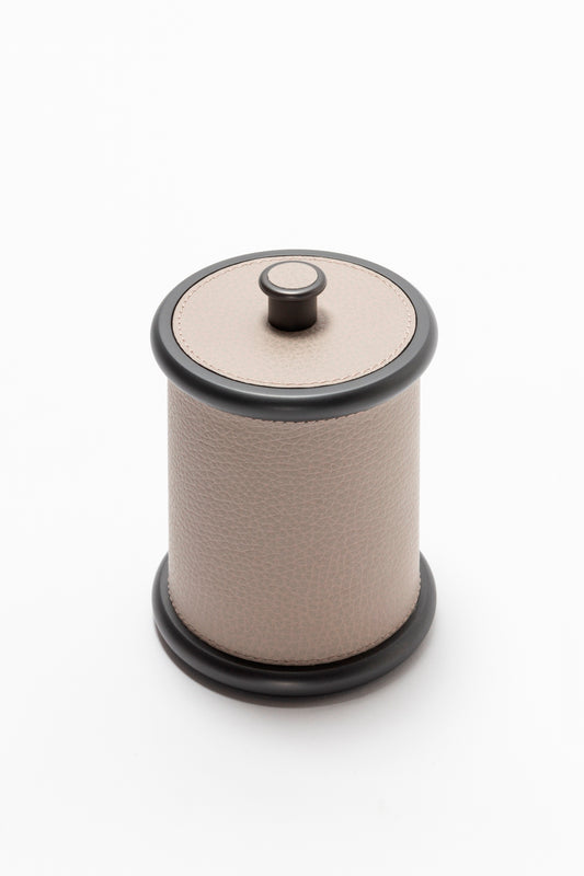 Giobagnara Ravello storage boxes | Part of the Ravello bathroom collection | Cylindrical metal boxes with lid, partially covered in fine Italian leather | Available in small and large sizes | Non-slip waterproof rubber base | Finished in chrome, bronze, or brass | Bathroom accessories | 2Jour Concierge, your luxury lifestyle shop