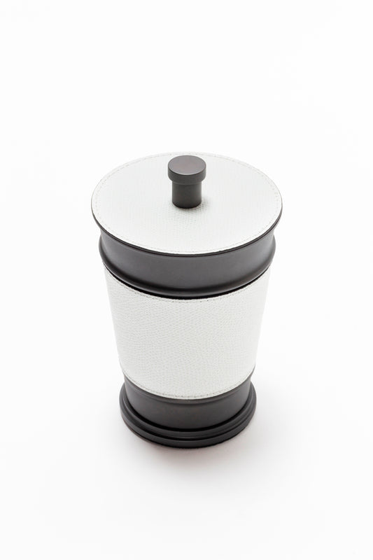 Giobagnara Manhattan trinket box | Elegant storage box with lid from the modern Manhattan collection | Leather-covered metal structure with sculptural contours | Finished with a non-slip waterproof rubber base | Available in chrome, bronze, or brass finishes | Bathroom accessories | 2Jour Concierge, your luxury lifestyle