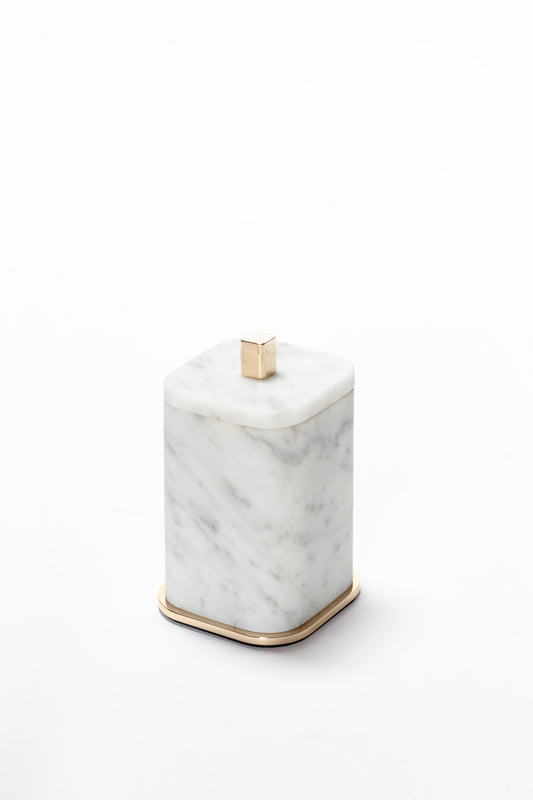 Giobagnara Polo Marble Bathroom Box | Marble Structure with Brass Base Frame | Non-Slip Waterproof Rubber Base | Part of Polo Marble Bathroom Set | Iconic Silhouette with Rounded Corners | Unique and Exclusive Design | Explore the Polo Marble Bathroom Collection at 2Jour Concierge, #1 luxury high-end gift & lifestyle shop