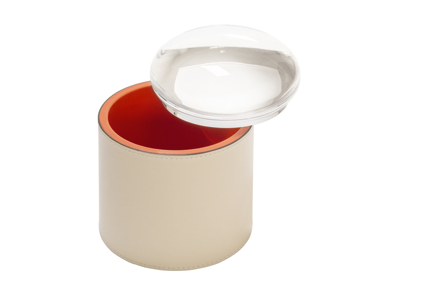 Giobagnara x Stephane Parmentier Dew Box Round | Leather-covered wood structure with an enchanting plexiglass lid resembling dewdrops, creating a magnifying lens effect | Available in three sizes, elevating small trinkets into precious jewels | Home Decor and Storage | 2Jour Concierge, your luxury lifestyle shop