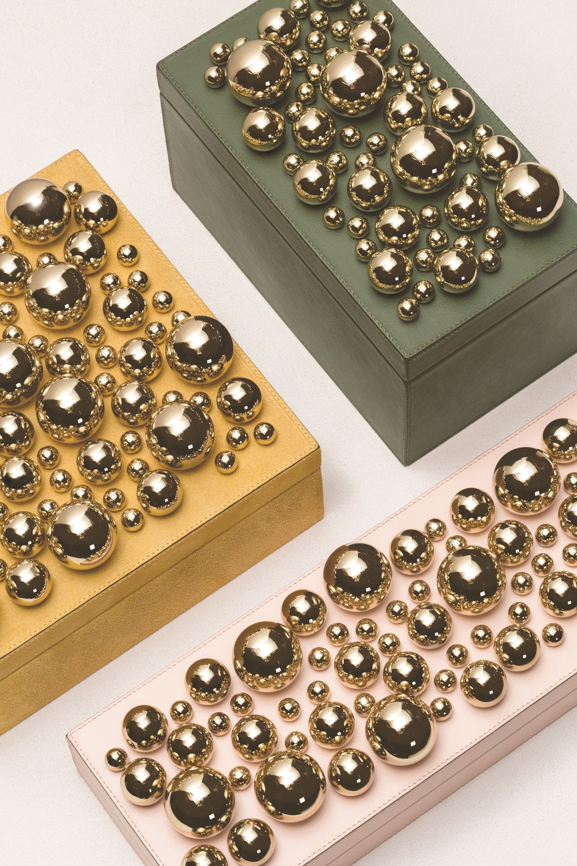 x Stephane Parmentier Champagne Leather-Covered Mixed Spheres Trinket Box, Rectangular Low