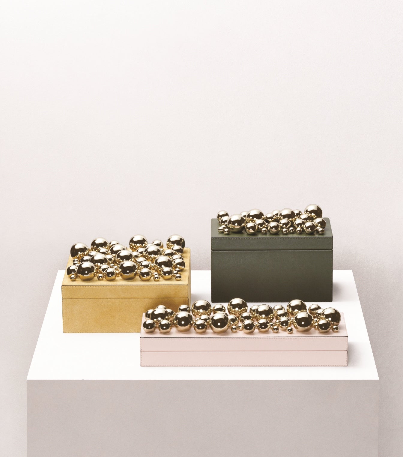 x Stephane Parmentier Champagne Leather-Covered Mixed Spheres Trinket Box, Rectangular Low