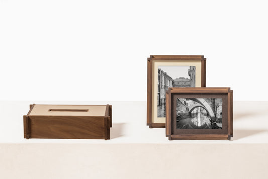 Giobagnara Structura Leather & Wood Picture Frame | Minimal design with distinctive "L" shaped corners | Combines wood and the finest Italian leather for perfect aesthetic balance | Magnetic back support allows for horizontal or vertical display | Elegant and versatile accessory | Home Decor and Accessories | 2Jour Concierge, your luxury lifestyle shop