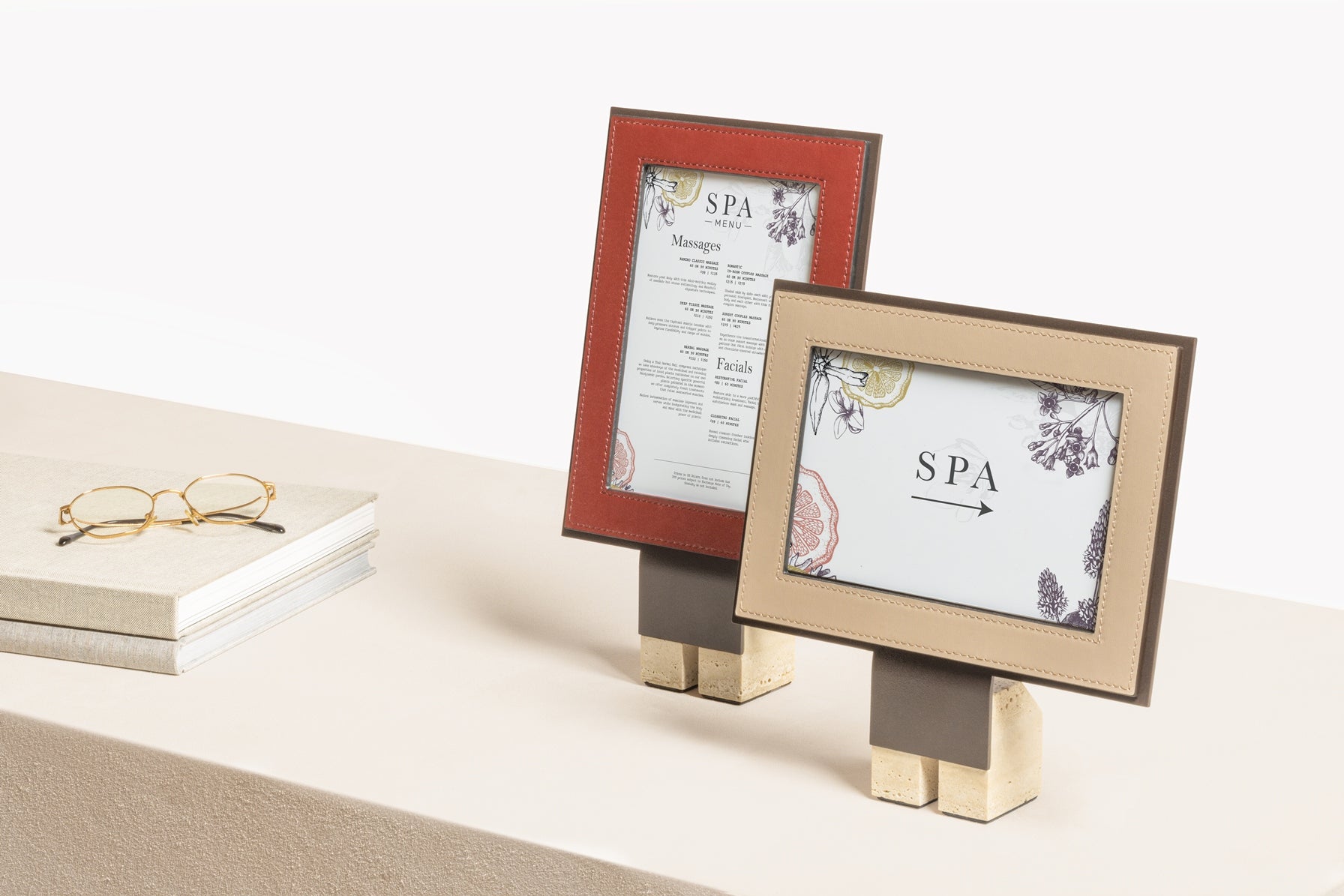 Giobagnara Pillar Leather Picture | Menu Frame Stand | Metal frame with luxurious all-leather accents or a leather and travertine combination | Available in various heights, vertical and horizontal orientations | Ideal for showcasing pictures, restaurant menus, or hospitality information | Monolithic column-like base inspired by classic architecture | Timeless strength and elegance | Designed by Simone Fanciullacci | Home Decor, Hospitality, and Accessories | 2Jour Concierge, your luxury lifestyle shop