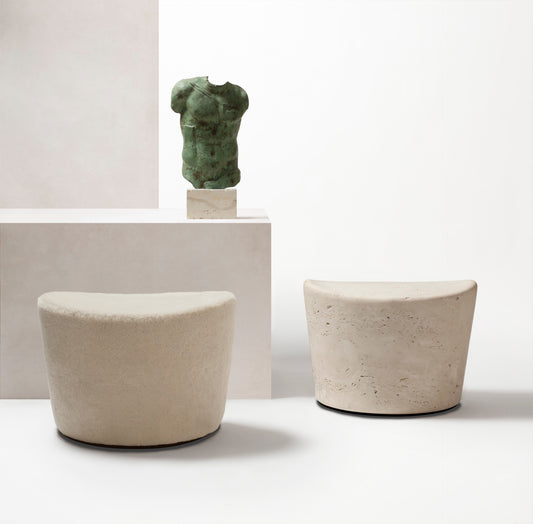 Giobagnara | Perseus Pouf: Rotating base with upholstered cotton cushion | Furniture / Stools | 2Jour Concierge, your luxury lifestyle shop | contemporary seating, sculptural design, tactile comfort, refined interiors