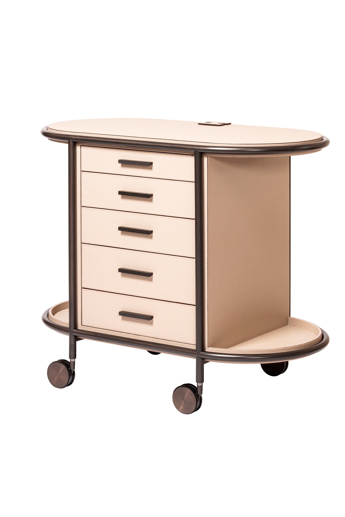 Giobagnara Arcade Coffee and Tea Cart Oval | Leather-covered four-wheel wooden structure with a metal frame and wheels available in three finishes | Features five drawers with sleek metal handles for organized storage of coffee capsules and tea bags | Includes a luxurious set of porcelain coffee and tea cups with matching plates, leather service trays, and coasters | Designed for mobility, combining functionality and sophistication | Furniture and Serveware | 2Jour Concierge, your luxury lifestyle shop