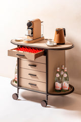 Arcade Coffee and Tea Cart Table: Leather-Covered Wood w Metal Frame