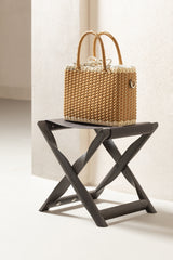 Elica Oak Wood Folding Bag Rack with Soft Leather Rest and Magnetic Closure