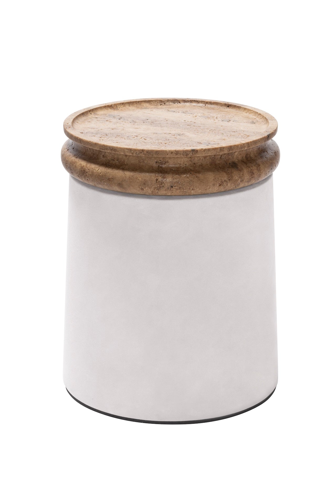 Giobagnara × Stéphane Parmentier Palladio | Side Tables: Suede leather bases with sculptural travertine tops in a selection of natural finishes, merging timeless elegance with modern sensibility | Furniture / Side Tables + Bar Tables | 2Jour Concierge, your luxury lifestyle shop | luxury interiors, hospitality décor, elegant living, boutique hotels, refined lifestyle, yacht décor, office décor, designer furniture