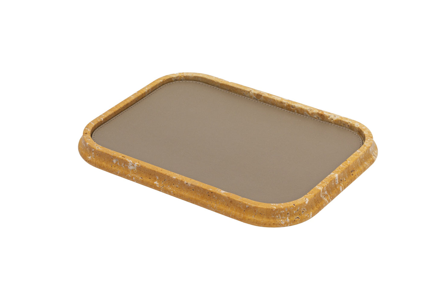 Giobagnara | Rodi Marble Valet Tray: Travertine marble with removable leather insert, available in different shapes and sizes | Decor / Valet Trays | 2Jour Concierge, your luxury lifestyle shop | natural stone, Italian craftsmanship, refined organization, timeless design