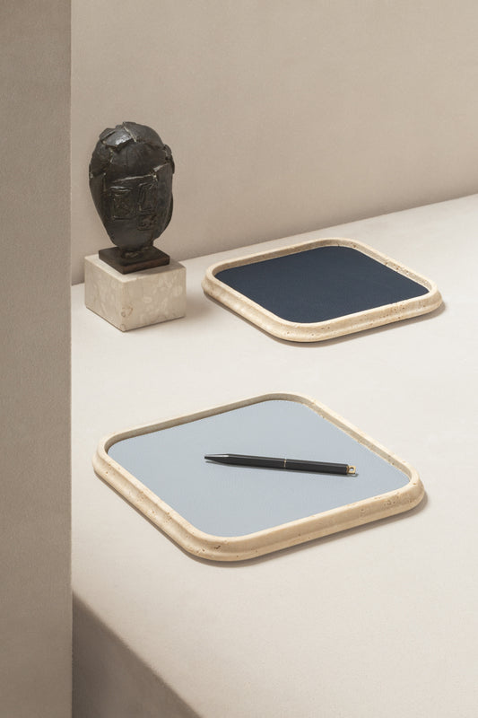Giobagnara Rodi Marble Valet Tray Square | Elegant Design with Essential Lines and Soft Volumes | Crafted from Beautiful Travertine | Available in Various Nuances | Removable Leather Placemats for Added Versatility | Stylish Home Organization | Explore a Range of Luxury Home Decor at 2Jour Concierge, #1 luxury high-end gift & lifestyle shop