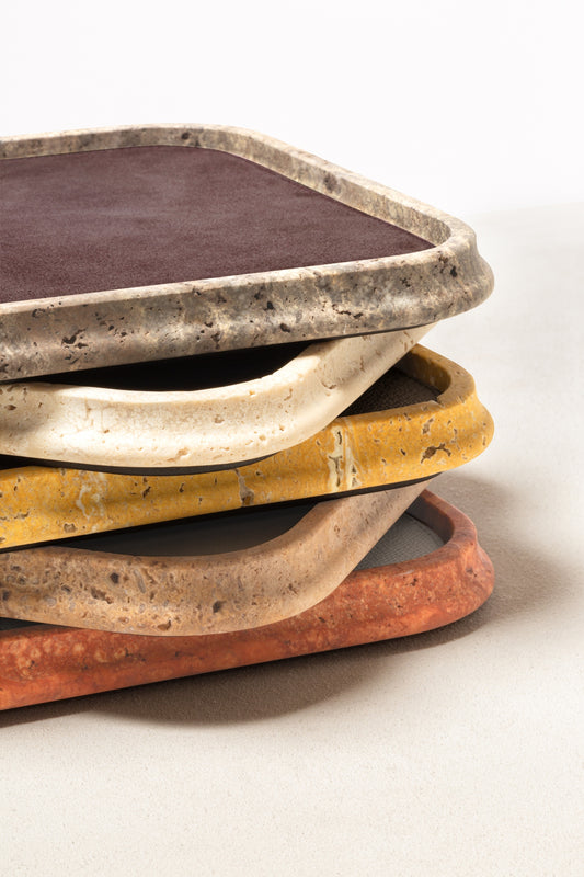 Giobagnara Rodi Marble Valet Tray Square | Elegant Design with Essential Lines and Soft Volumes | Crafted from Beautiful Travertine | Available in Various Nuances | Removable Leather Placemats for Added Versatility | Stylish Home Organization | Explore a Range of Luxury Home Decor at 2Jour Concierge, #1 luxury high-end gift & lifestyle shop