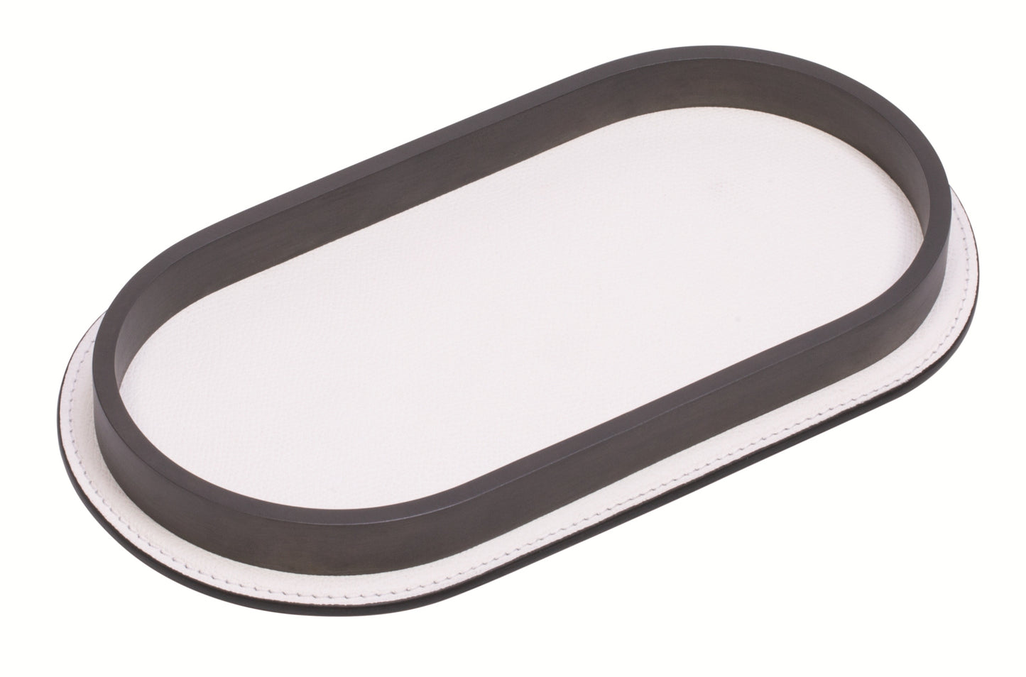 Regis Leather-Covered Valet Tray Long Rounded w Metal Base