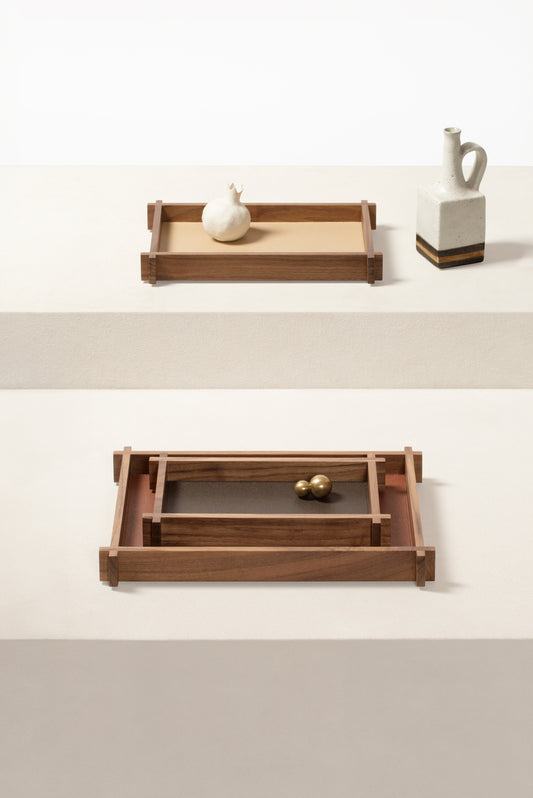 Structura Leather & Walnut Wood Valet Tray Rectangular