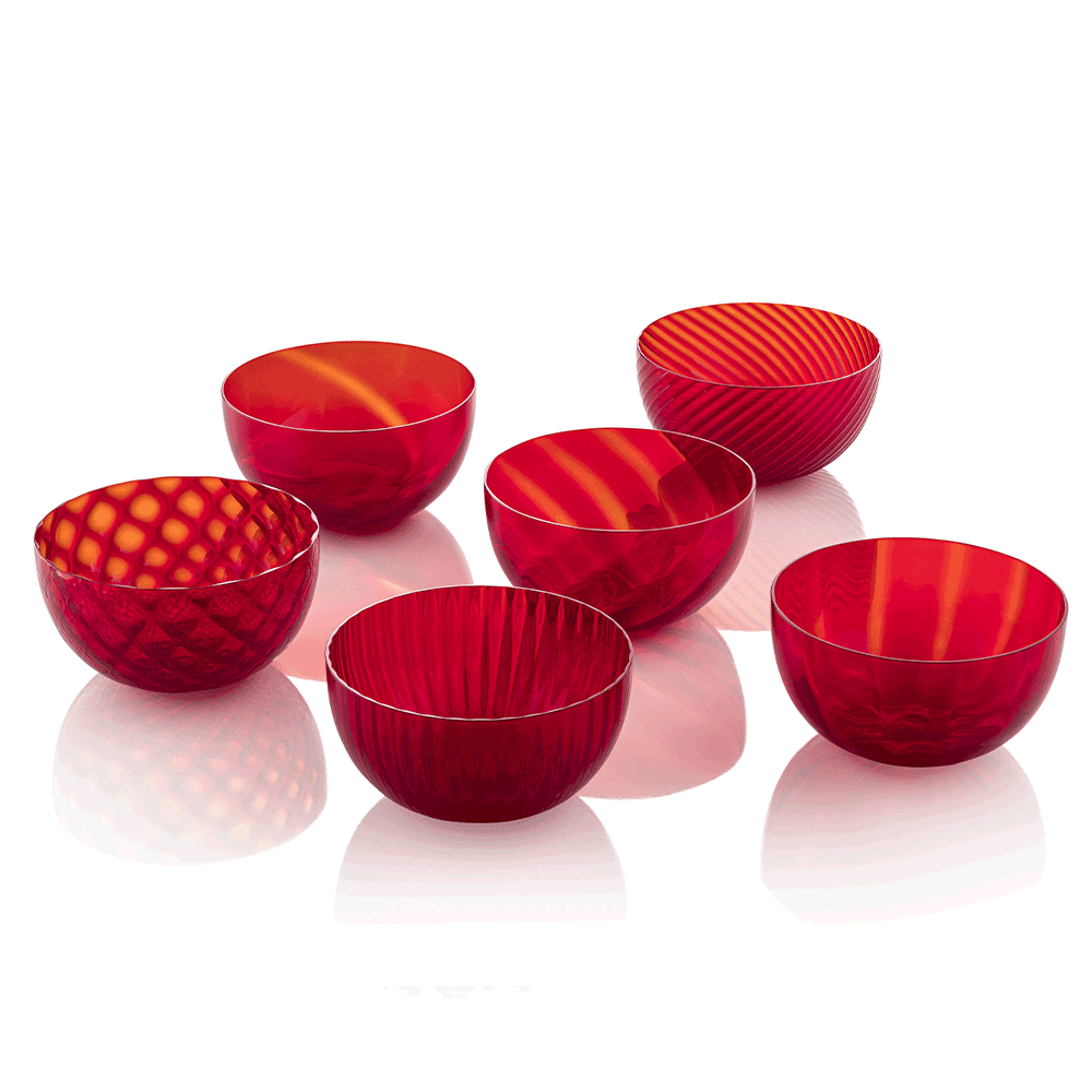 NasonMoretti Idra bowls – set of 6 | Set of six Murano glass bowls in assorted textures and colors | Each bowl features unique hand-blown craftsmanship with textures including optic, torsé, balloton, and more | A vibrant and luxurious addition to modern entertaining | Available in classic and ruby red selections | Design by NasonMoretti | Tableware & bowls | 2Jour Concierge, your luxury lifestyle shop