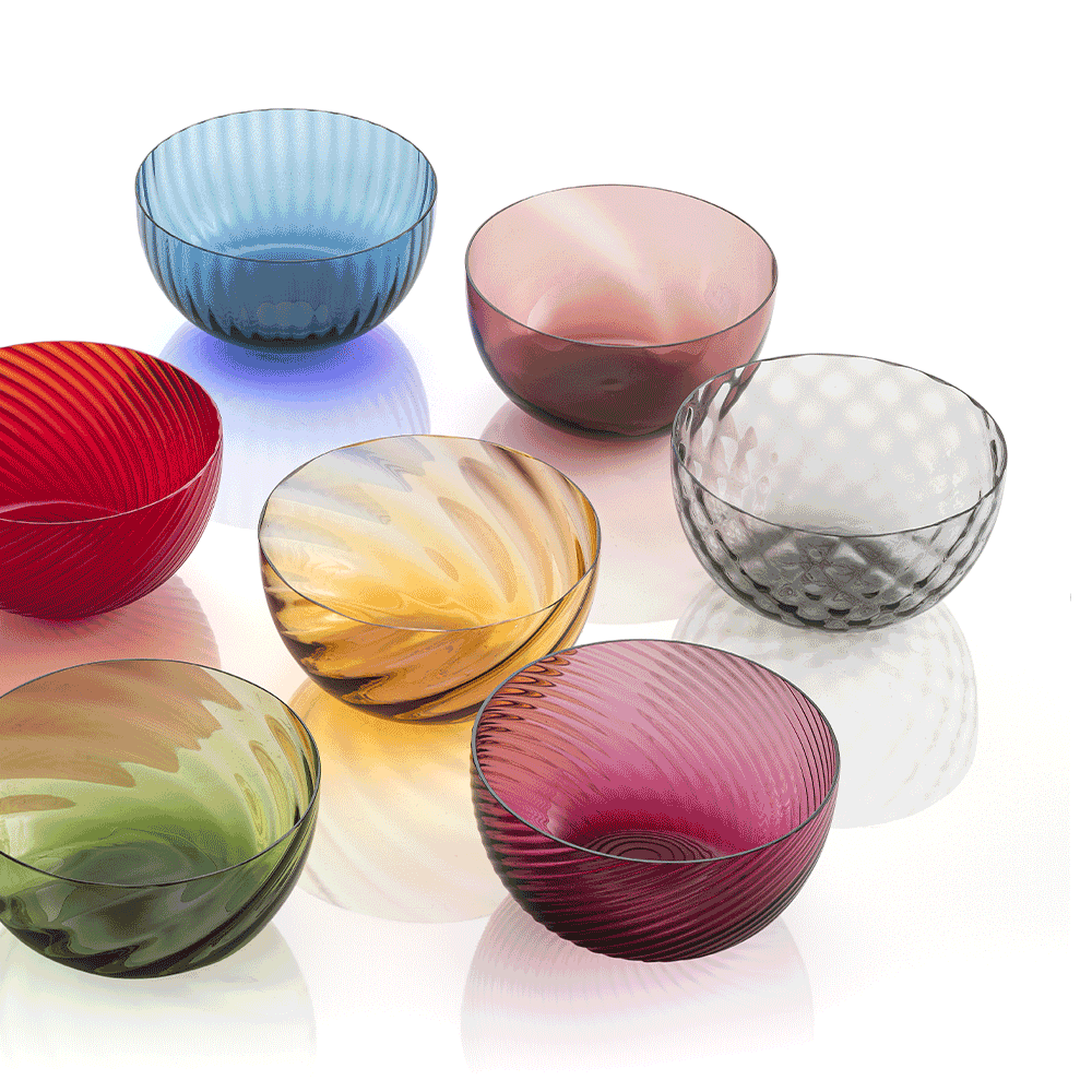 NasonMoretti Idra bowl – single | Hand-blown Murano glass bowl available in six exquisite textures: optic, twisted optic, torsé, lente, striped, and balloton | A versatile accent for serving or display, offered in a rich palette including amber, avio blue, grey, transparent, soraya green, and violet | Elegant, compact form adds refined charm to any table setting | Design by NasonMoretti | Tableware & bowls | 2Jour Concierge, your luxury lifestyle shop