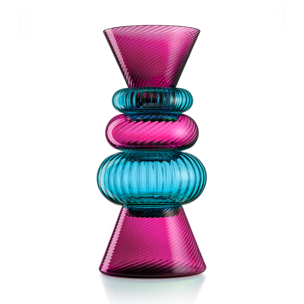 NasonMoretti Issey vase set | A vibrant set of 5 Murano glass vases, designed by Matteo Zorzenoni | Defined by playful modularity and stacked sculptural silhouettes, each vase brings a dynamic presence to the space | Available in expressive color duos: pine green & amber or ruby red & turquoise, with twisted and striped textures | A bold, tactile composition for modern interiors | Design by NasonMoretti | Tableware & decorative objects | 2Jour Concierge, your luxury lifestyle shop
