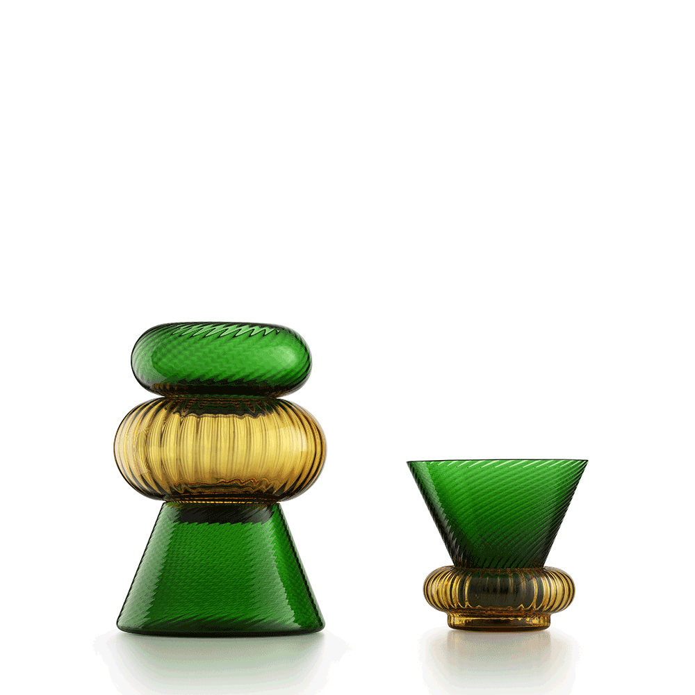 NasonMoretti Issey vase set | A vibrant set of 5 Murano glass vases, designed by Matteo Zorzenoni | Defined by playful modularity and stacked sculptural silhouettes, each vase brings a dynamic presence to the space | Available in expressive color duos: pine green & amber or ruby red & turquoise, with twisted and striped textures | A bold, tactile composition for modern interiors | Design by NasonMoretti | Tableware & decorative objects | 2Jour Concierge, your luxury lifestyle shop