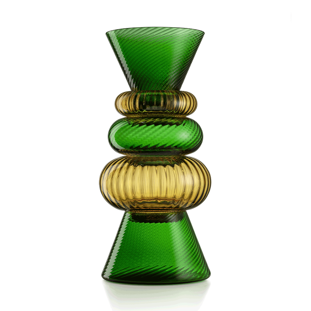 NasonMoretti Issey vase set | A vibrant set of 5 Murano glass vases, designed by Matteo Zorzenoni | Defined by playful modularity and stacked sculptural silhouettes, each vase brings a dynamic presence to the space | Available in expressive color duos: pine green & amber or ruby red & turquoise, with twisted and striped textures | A bold, tactile composition for modern interiors | Design by NasonMoretti | Tableware & decorative objects | 2Jour Concierge, your luxury lifestyle shop